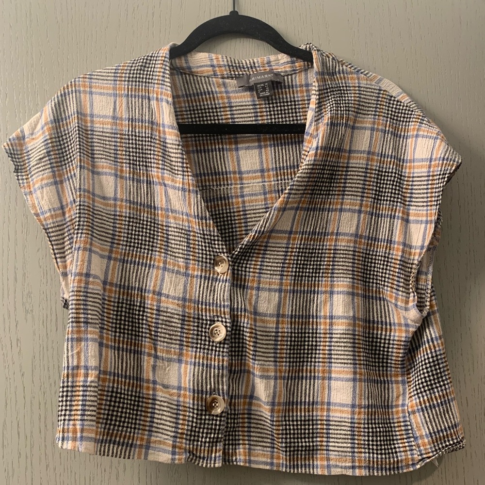 Blue, Gold, Black, and White Plaid Crop Top by Primark (Size 10)